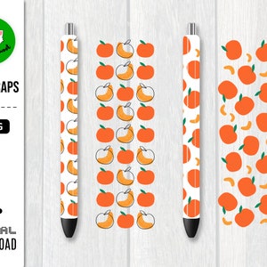 May include: Three printable pen wraps featuring a repeating pattern of orange slices with a white background. The text "PEN WRAPS" is at the top of the image and "PNG" is below it. The text "DIGITAL DOWNLOAD" is at the bottom of the image.