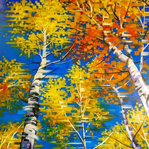 May include: A painting of birch trees with yellow and orange leaves against a blue sky. The trees are painted in a stylized, abstract style, with the leaves appearing as blocks of color.