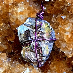 BRAND NEW, Jewelry, Bismuth Crystal Pendant Hand Wrapped With Pink Anodized Copper Wire.  Approx. Weight 18.8Grams No Chain