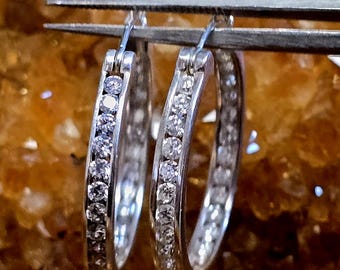 ESTATE JEWELRY: Sterling Silver Clear Cubic Zirconia Hoop Earrings,