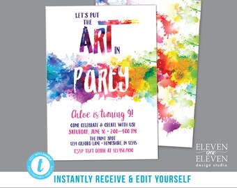 Art Birthday Party Invitation, Editable, Printable, Paint Splatter Invite, Pottery Painting, Rainbow, Watercolor, Brush, Canvas Painting