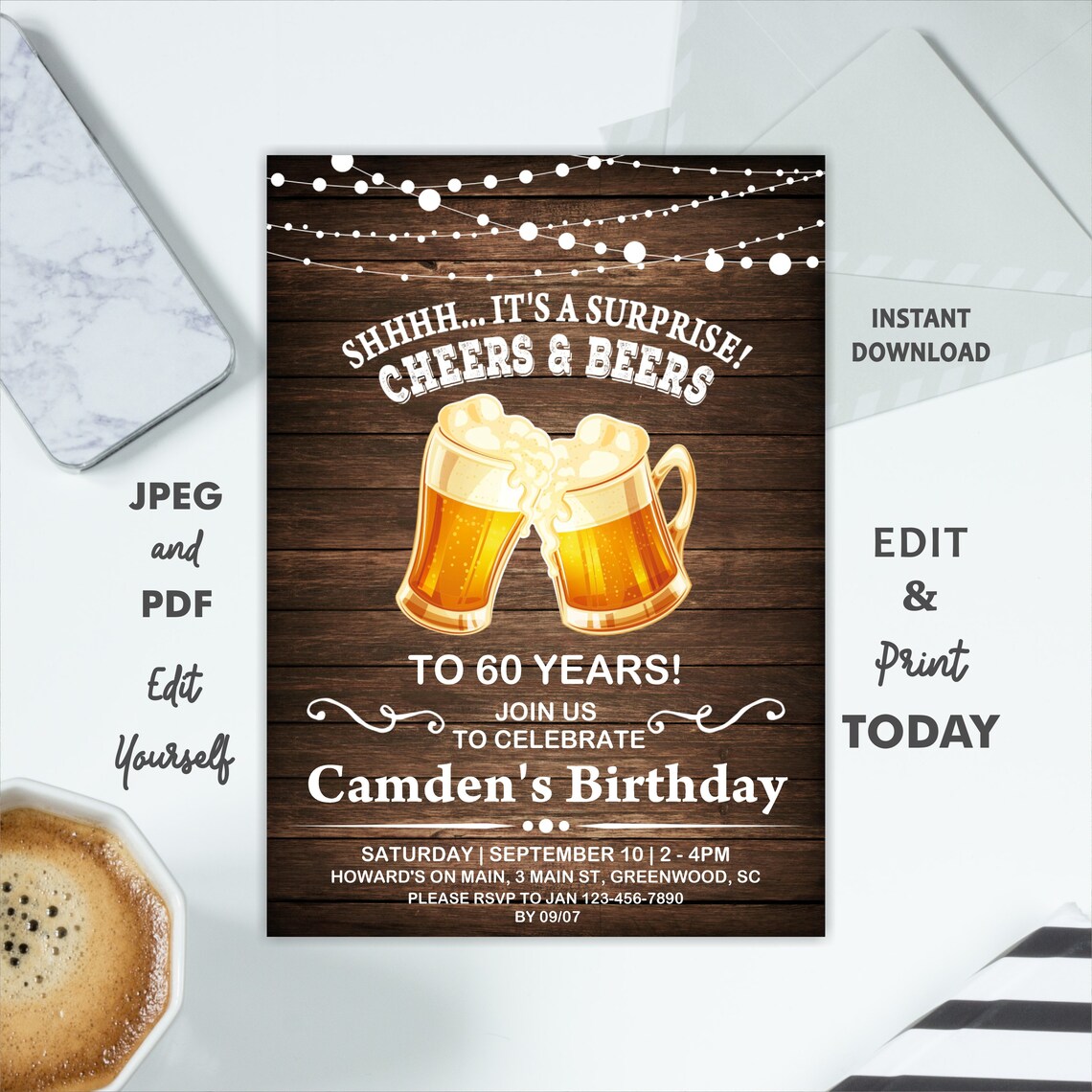 Cheers &amp; Beers Birthday Invitation Surprise 60th Birthday - Etsy