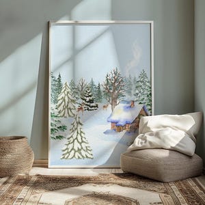 Whimsical Snowy Christmas Cabin Wall Poster Download