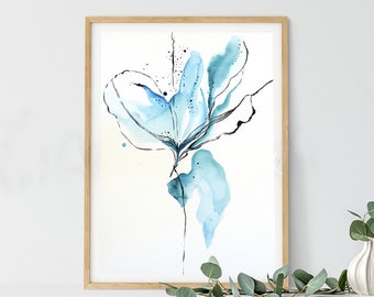 Abstract Blue Flower Watercolor Painting, Blue Watercolor Art Print, Watercolor Wall Art, Blue Wall Decor, Modern Wall Decor, Bedroom Art