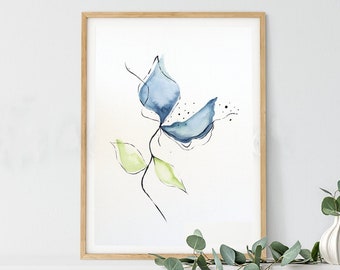 Abstract Watercolor Painting, Blue Abstract Watercolor, Large Print, Abstract Wall Art, Contemporary Wall Decor, Clean White Art, Modern