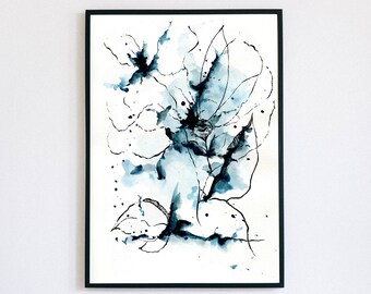 Indigo Blue Abstract Watercolor Painting, Flower Wall Art, Watercolor Wall Art, Abstract Wall Art, Modern Wall Art, Living Room Wall Art