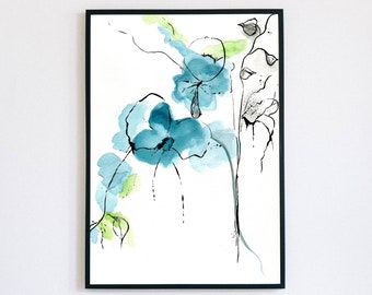 Teal Blue Flower Watercolor Painting, Teal Wall Art, Watercolor Print, Watercolor Wall Art, Teal Wall Art, Modern Wall Decor, Bedroom Art