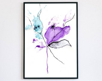Abstract Teal Purple Watercolor Flower Print, Teal Wall Art,Poster Print,Watercolor Wall Art,Purple Wall Art,Modern, Wall Decor, Bedroom Art