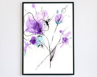 Abstract Purple Teal Watercolor Flower Print, Teal Wall Art,Poster Print,Watercolor Wall Art,Purple Wall Art,Modern, Wall Decor, Bedroom Art