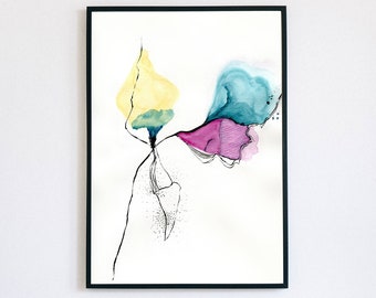 Abstract Yellow Pink Teal Watercolor Painting, Watercolor Print, Watercolor Wall Art, Abstract Wall Art, Living Room Wall Art, Art Print