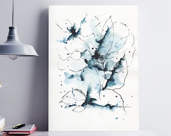 Indigo grote abstracte aquarel, afdrukbare muurkunst, abstracte muurkunst, moderne kunst, zeer fijne tekeningen, originele aquarel