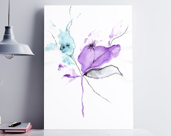 Purple Flower Abstract Watercolor Painting, Printable Wall Art, Large Wall Art, Teal Watercolor Painting, Wall Decor, Bedroom Wall Decor Art