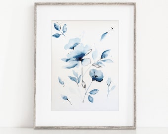 Abstract Watercolor Painting, Blue Abstract Watercolor, Large Print, Abstract Wall Art, Contemporary Wall Decor, Clean White Art, Modern