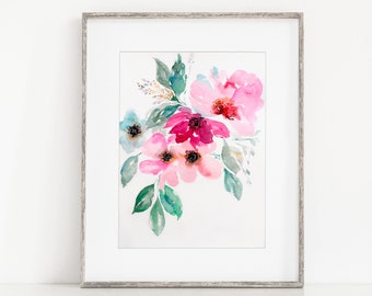 Pink Loose Flower Watercolor Painting, Large Wall Art Watercolor Painting, Printable Wall Art, Botanical Wall Art, Flower Watercolor Art