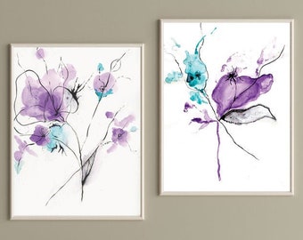 Teal and Purple Flower Abstract Watercolor Painting - Digital Download - Printable Wall Art - Downloadable watercolor art - Abstract Flower