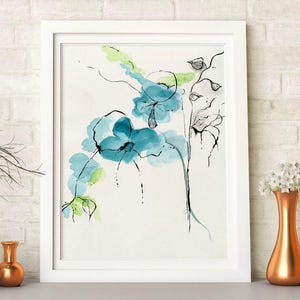 Original Teal Flower Watercolor Painting, Printable Wall Art, Wall Decor, Wall Art, Home Decor, Modern Art, Bedroom Wall Art, Gift for Her