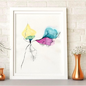 Pink Blue Yellow Abstract Art Flower Watercolor Painting / Digital Print / Large Wall Art / Home Decor / Wall Decor / Modern Art / Abstract