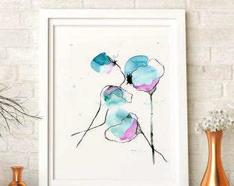 Modern Teal Blue Flower Watercolor Painting, Printable Art Print, Abstract Wall Decor, Minimalist Wall Art, Original Wall Art, Teal Painting