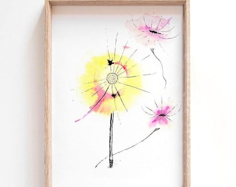 Gele paardebloem bloem aquarel, afdrukbare muurkunst, kunst aan de grote muur, gele muur kunst, kunst aan de muur kinderkamer, kunst aan de muur slaapkamer, cadeau