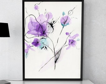 Purple Flower Abstract Art Watercolor Painting Digital Art Print Wall Decor Blue Wall Art Home Decor Modern Art Contemporary Art Decoration