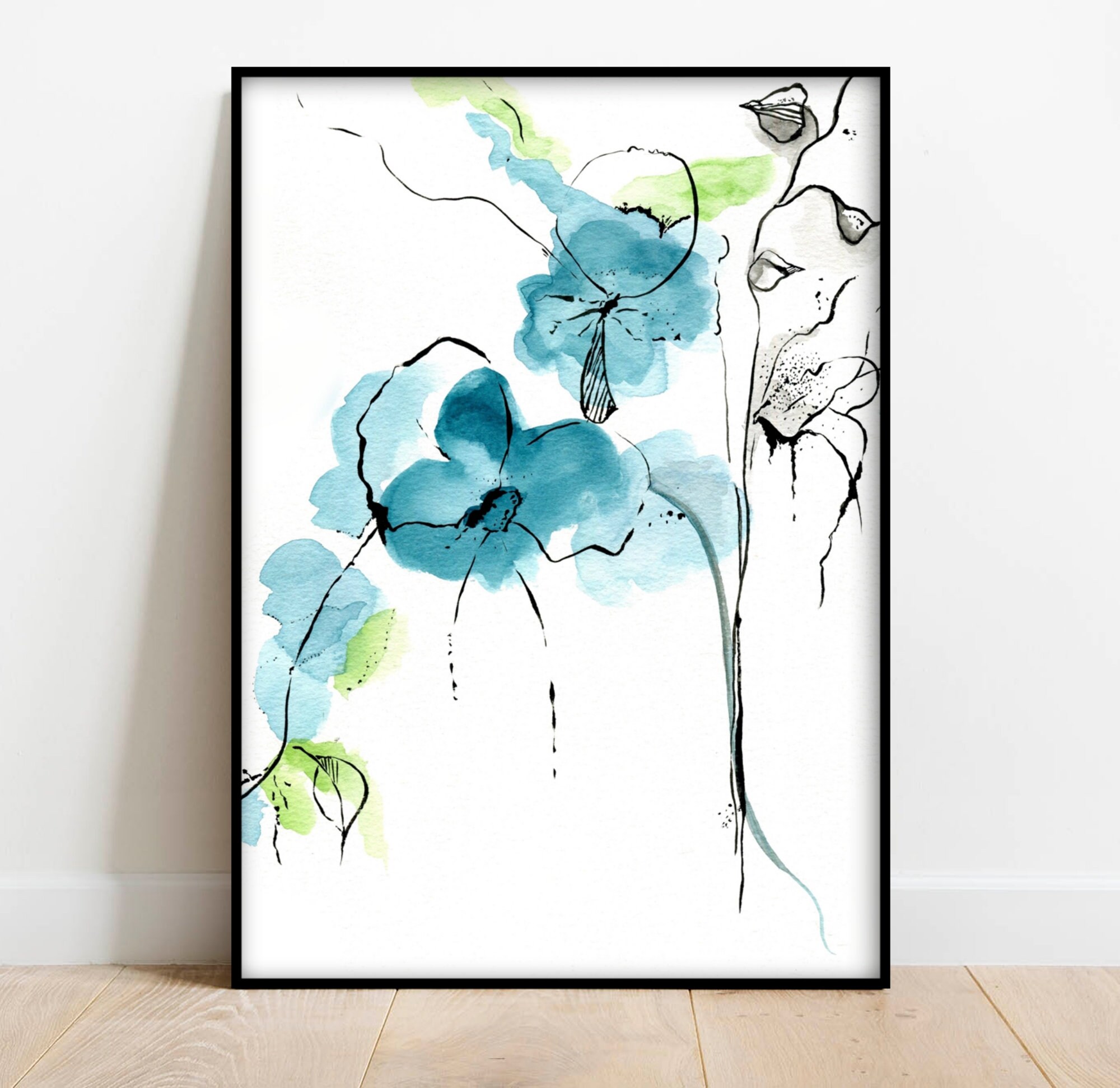 Teal Blue Flower Watercolor Painting Teal Wall Art Etsy