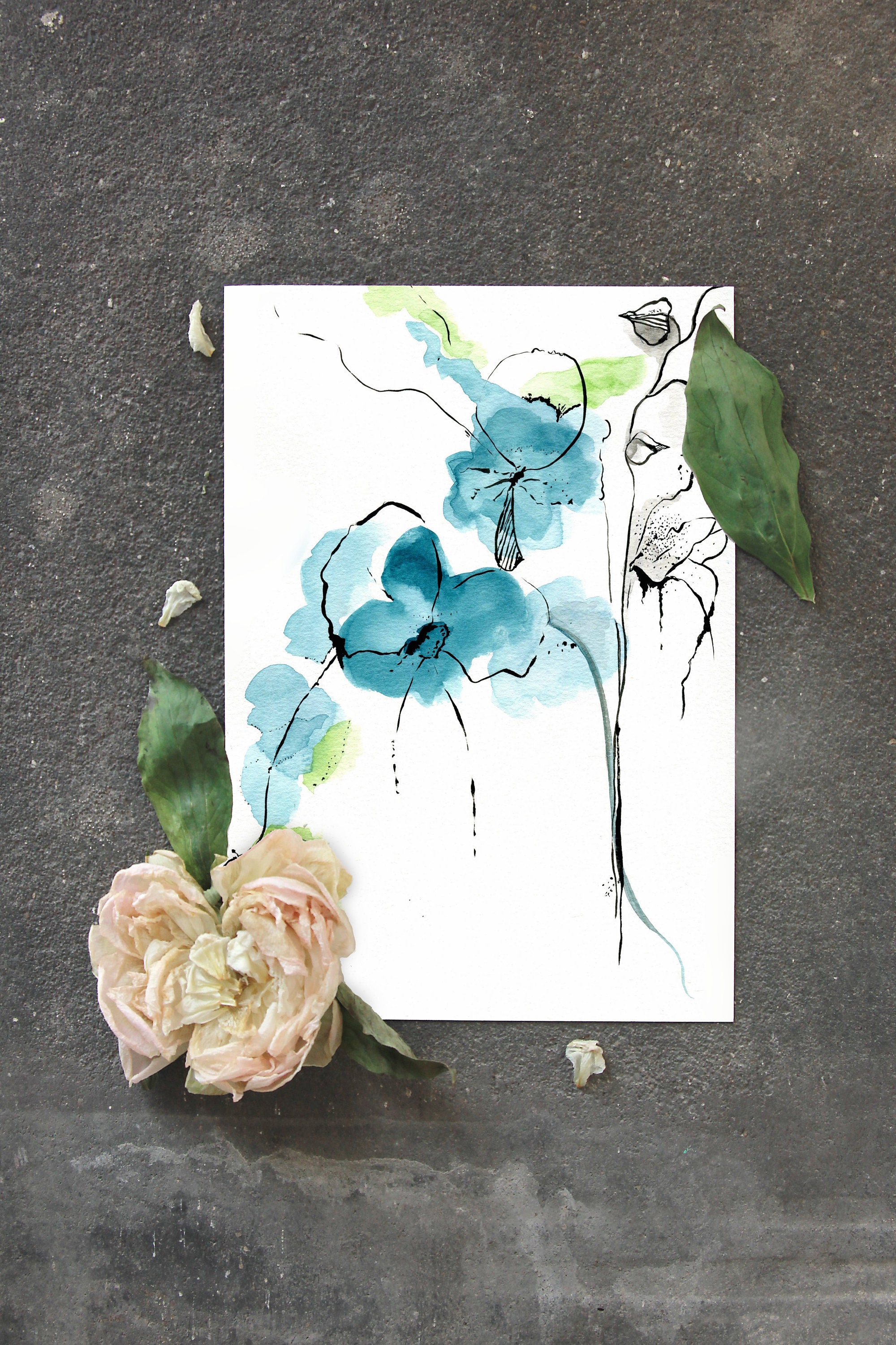Teal Blue Flower Watercolor Painting Teal Wall Art Etsy