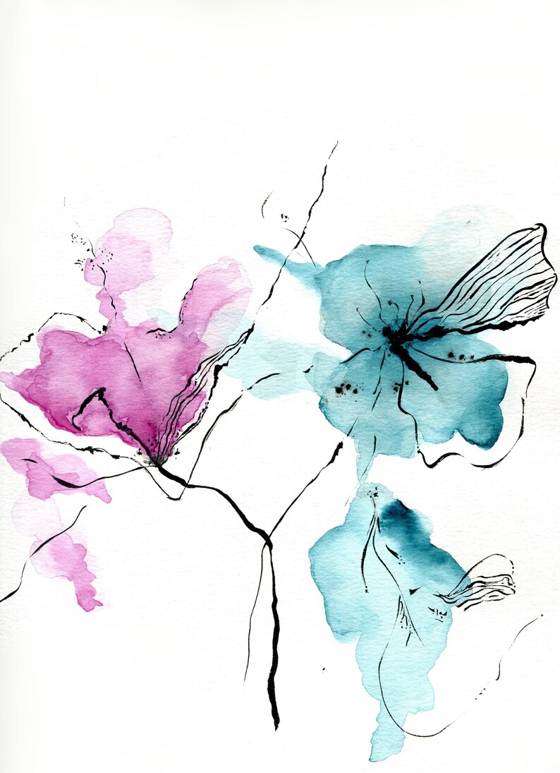 Pink Teal Flower Large Wall Art Abstract Watercolor Painting Printable