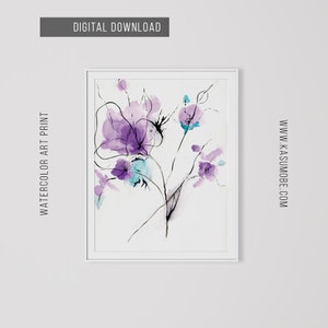 May include: Watercolor art print featuring abstract purple and teal floral elements with black line details. The artwork is framed in a white border and labeled "DIGITAL DOWNLOAD" and "WATERCOLOR ART PRINT". The website address www.kasumobe.com is also visible.