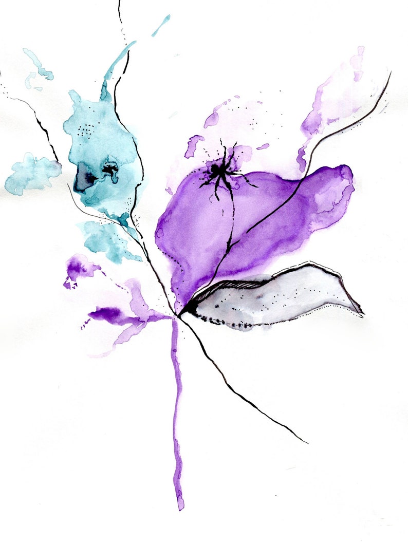 Teal and Purple Flower Abstract Watercolor Painting Digital Etsy