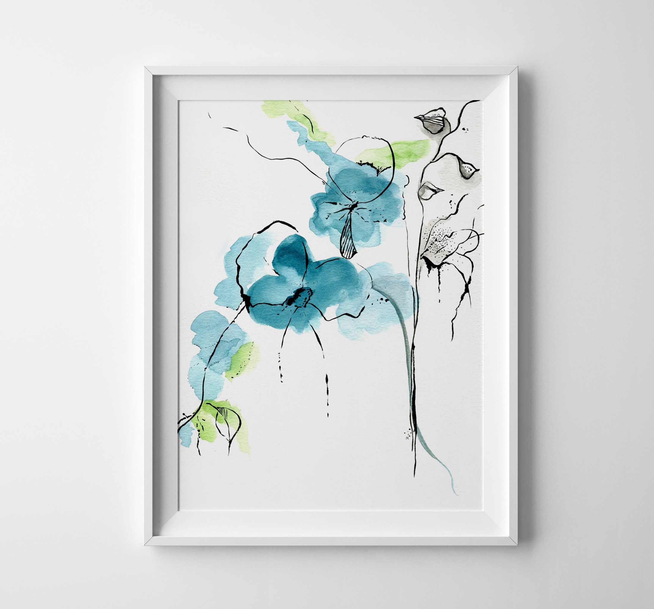Teal Blue Flower Watercolor Painting Teal Wall Art Etsy