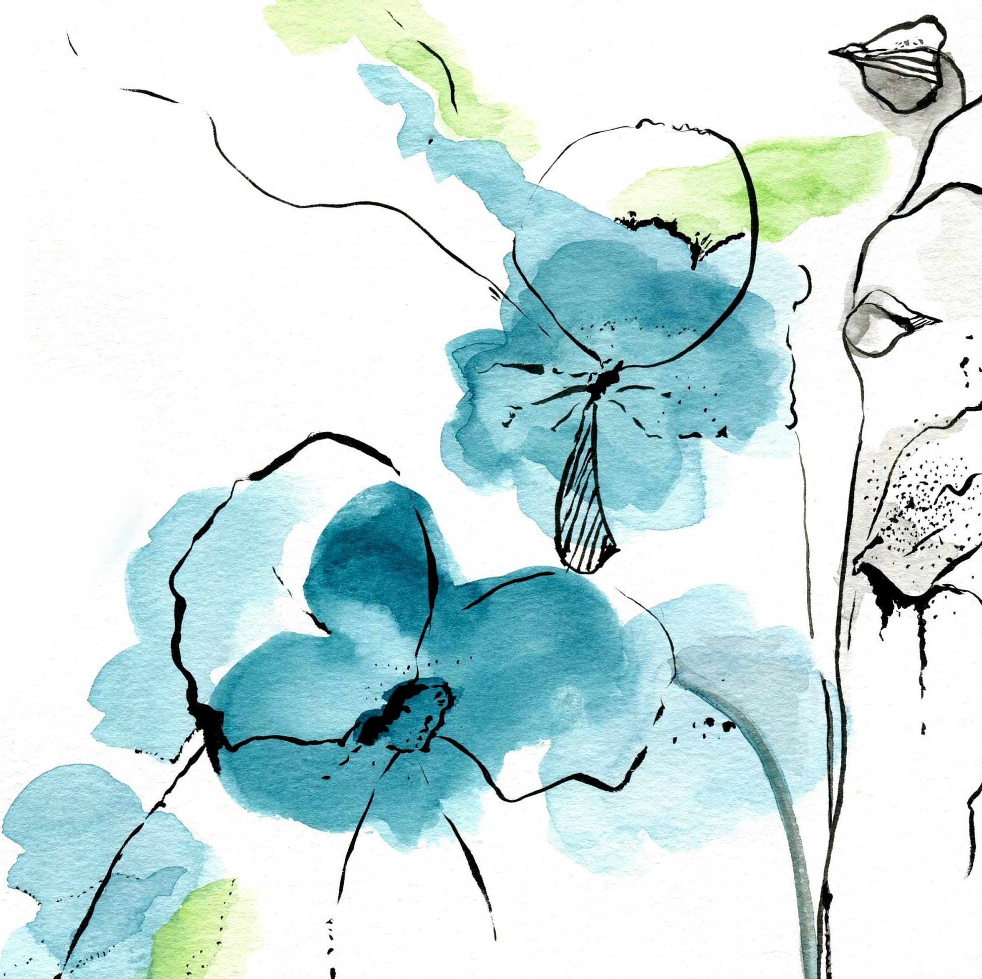 Teal Blue Flower Watercolor Painting Teal Wall Art Etsy