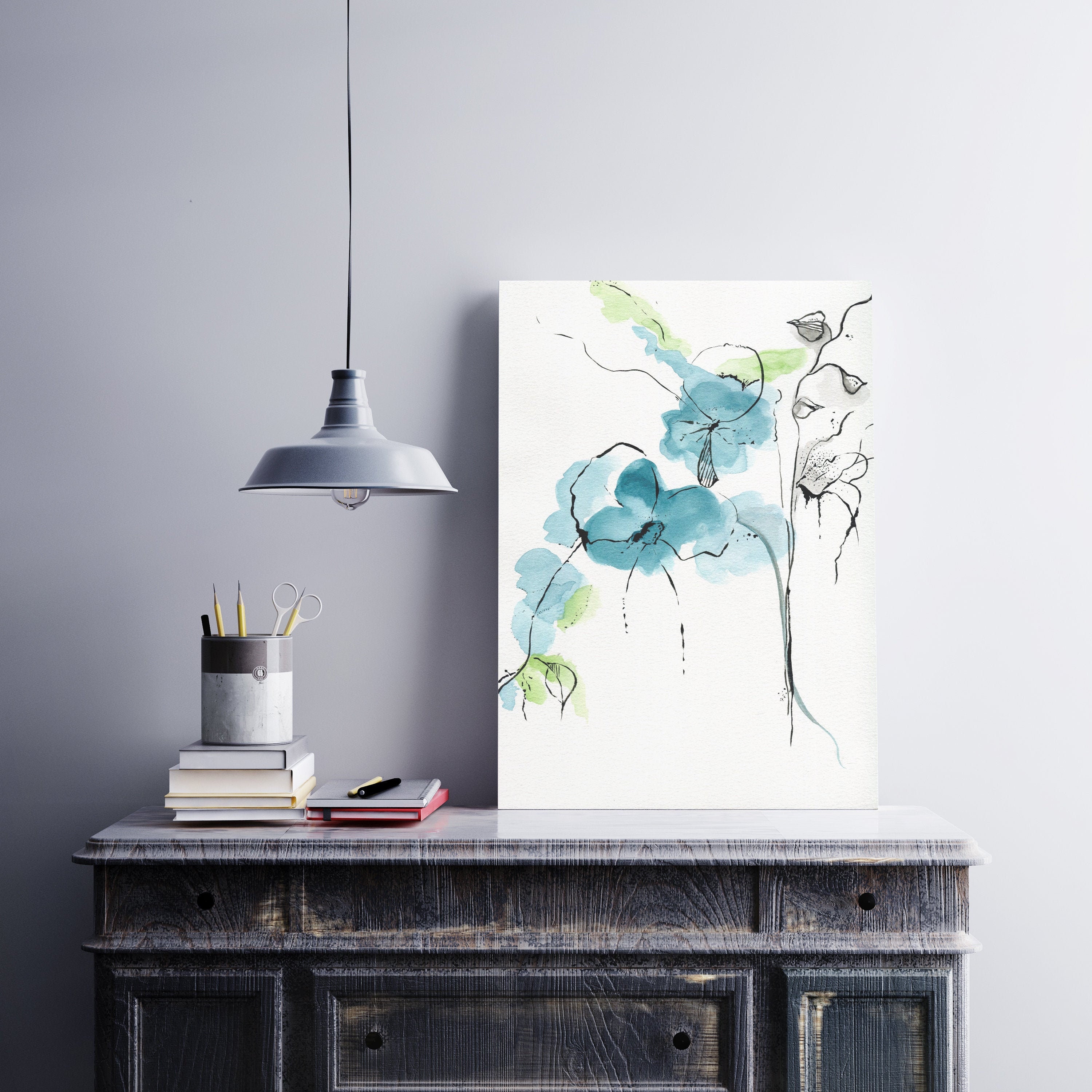 Original Teal Flower Watercolor Painting, Printable Wall Art, Wall