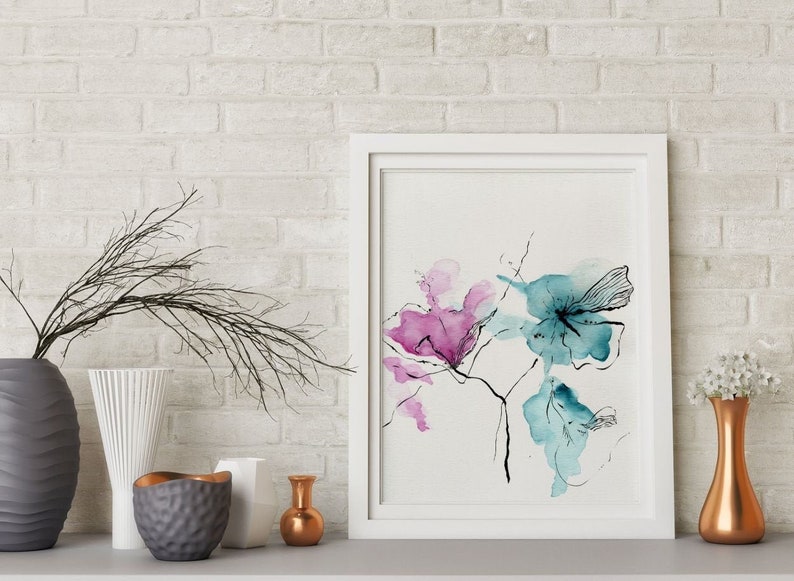 Pink Teal Flower Large Wall Art Abstract Watercolor Painting Etsy España