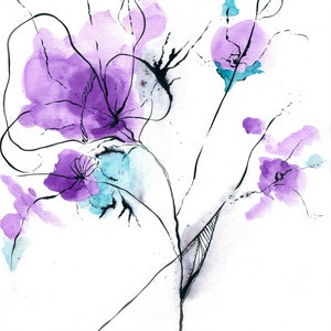 May include: Watercolor painting of abstract flowers in shades of purple and teal, with black line details. The floral design features large, soft petal shapes and delicate stems against a white background. A modern botanical art piece.