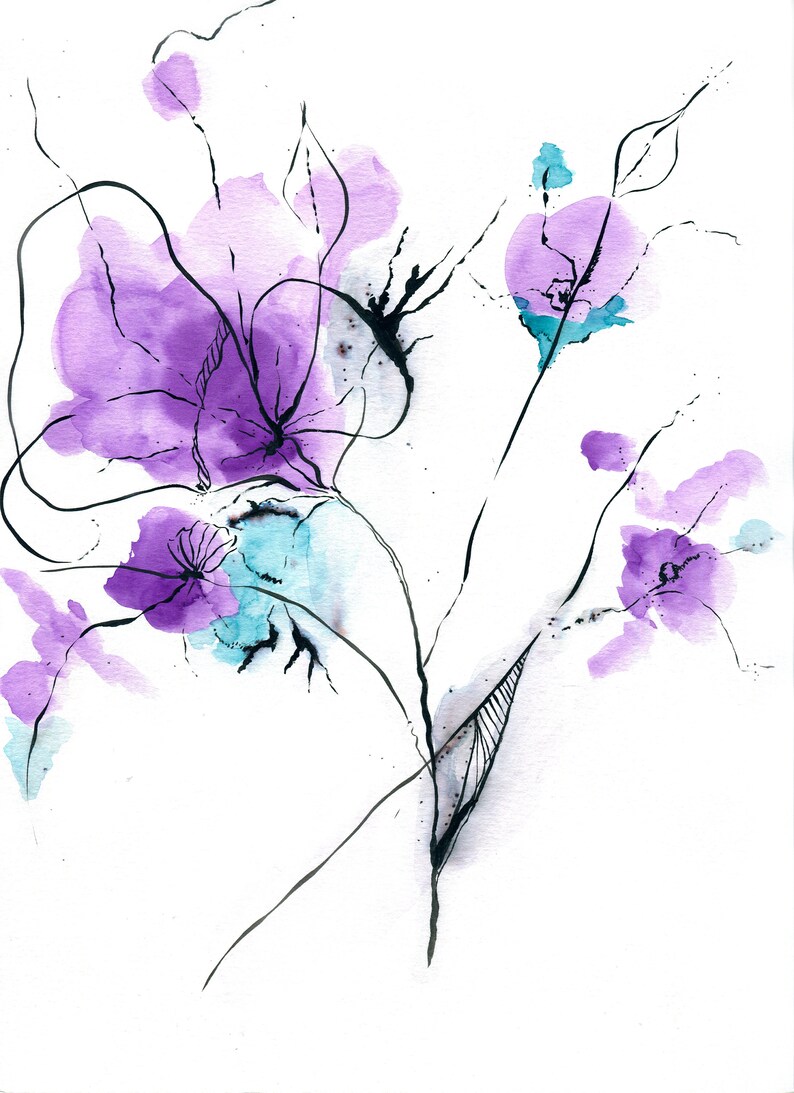May include: Watercolor painting of abstract flowers in shades of purple and teal, with black line details. The floral design features large, soft petal shapes and delicate stems against a white background. A modern botanical art piece.