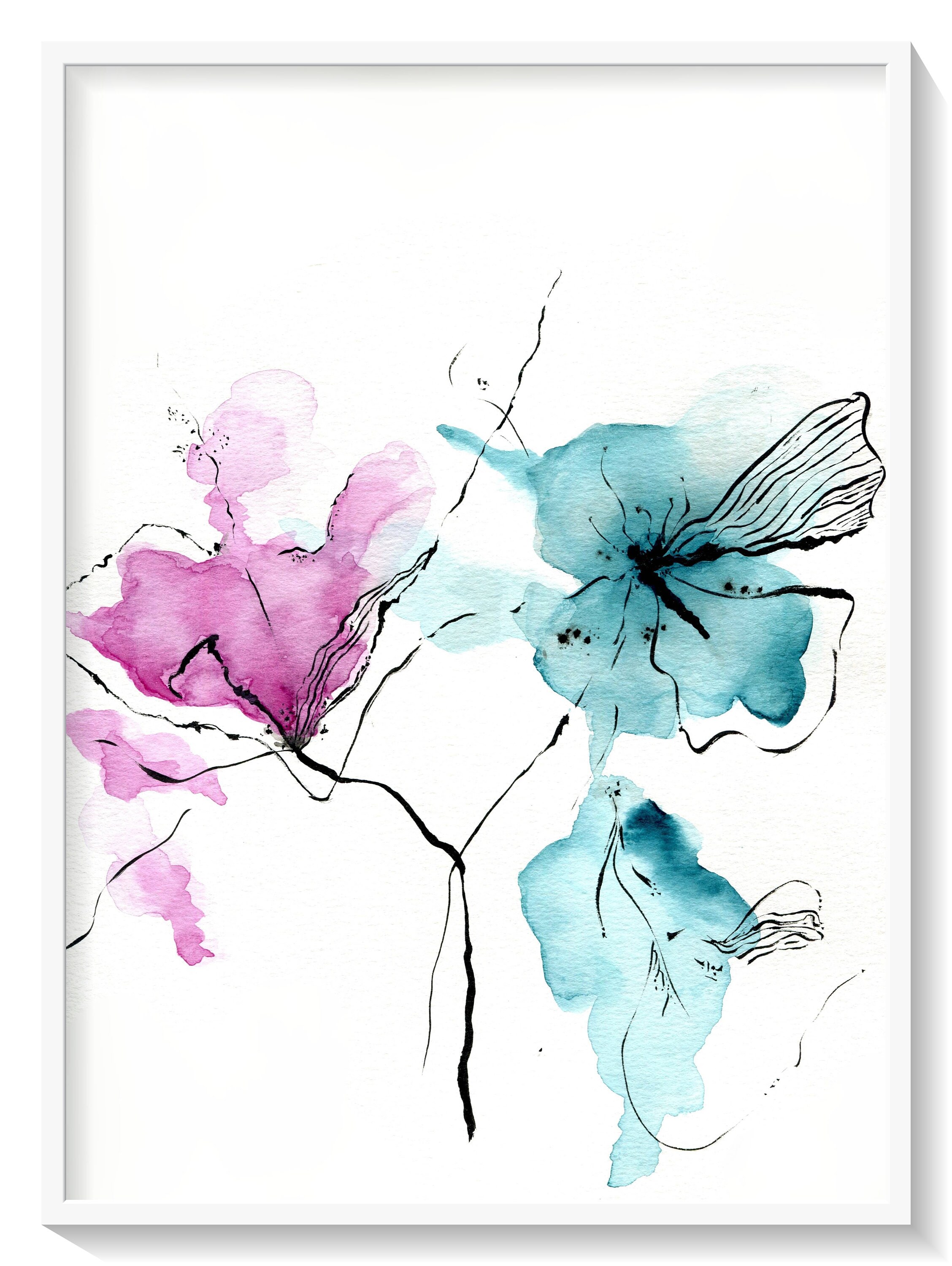 Pink Teal Flower Large Wall Art Abstract Watercolor Painting Etsy