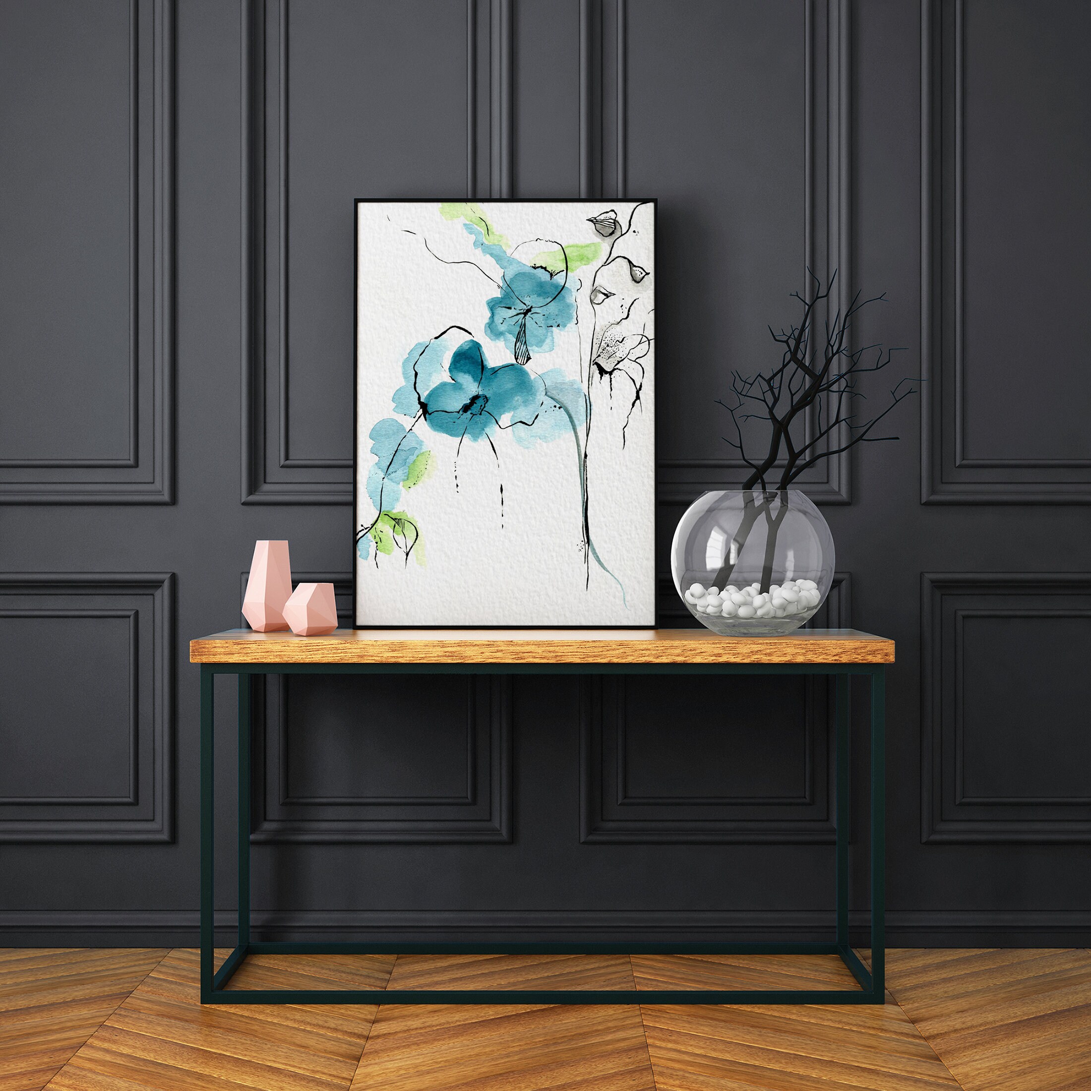 Teal Blue Flower Watercolor Painting Teal Wall Art Etsy