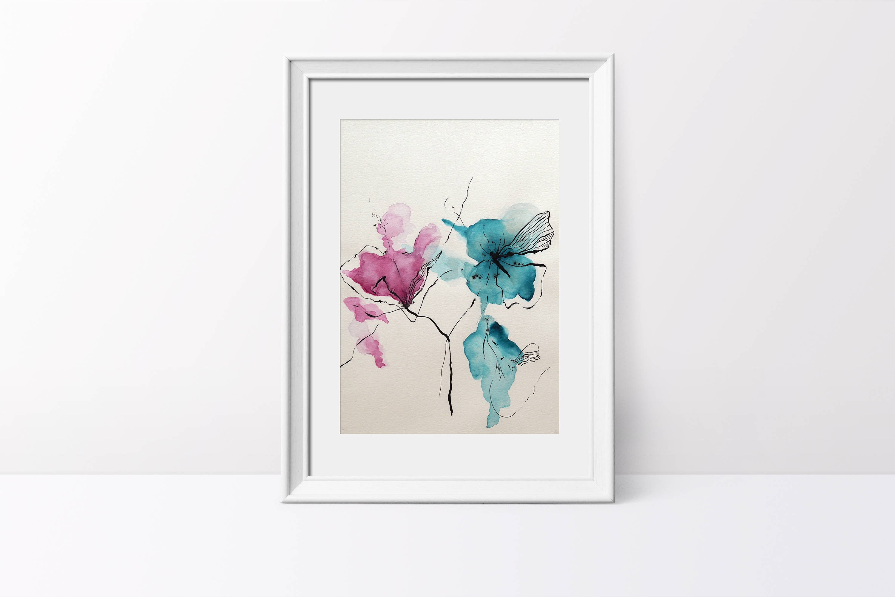 Pink Teal Flower Large Wall Art Abstract Watercolor Painting Etsy
