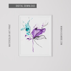 May include: Watercolor art print featuring abstract floral elements in shades of purple, teal, and gray. The artwork includes the text "DIGITAL DOWNLOAD" and "WATERCOLOR ART PRINT". The website address www.kasumobe.com is also visible.