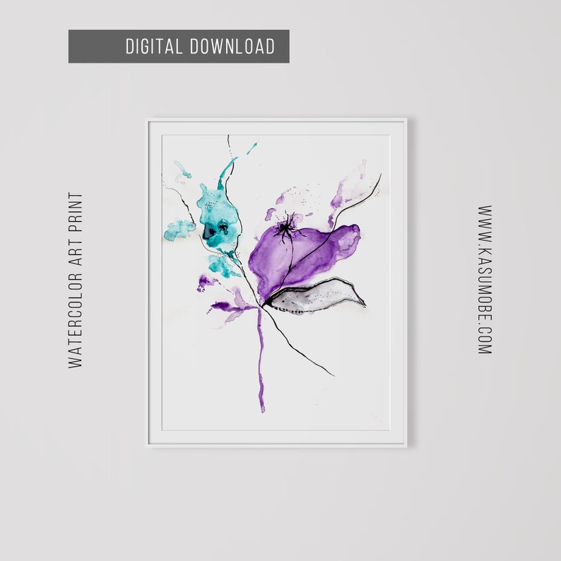 May include: Watercolor art print featuring abstract floral elements in shades of purple, teal, and gray. The artwork includes the text "DIGITAL DOWNLOAD" and "WATERCOLOR ART PRINT". The website address www.kasumobe.com is also visible.