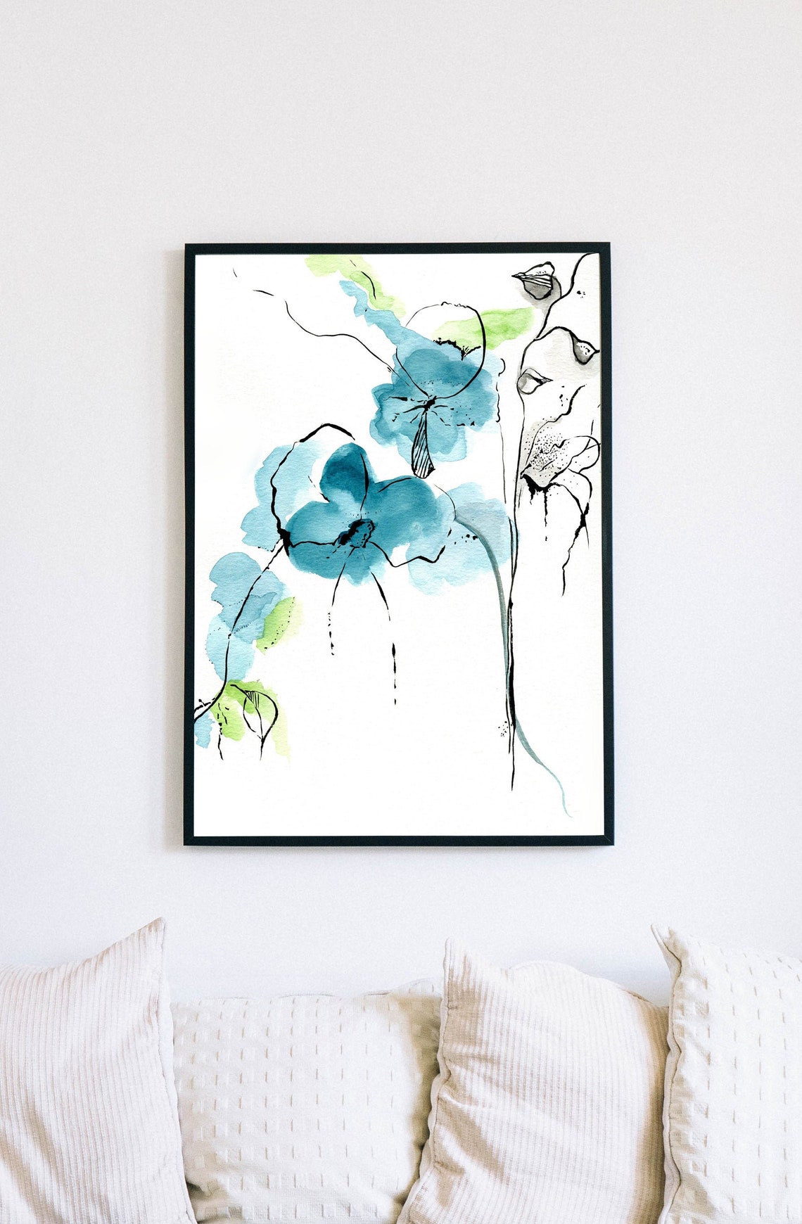 Teal Blue Flower Watercolor Painting Teal Wall Art Etsy