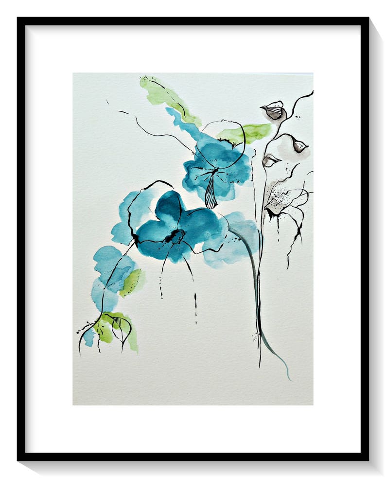 Original Teal Blue Flower Abstract Art Watercolor Painting Etsy