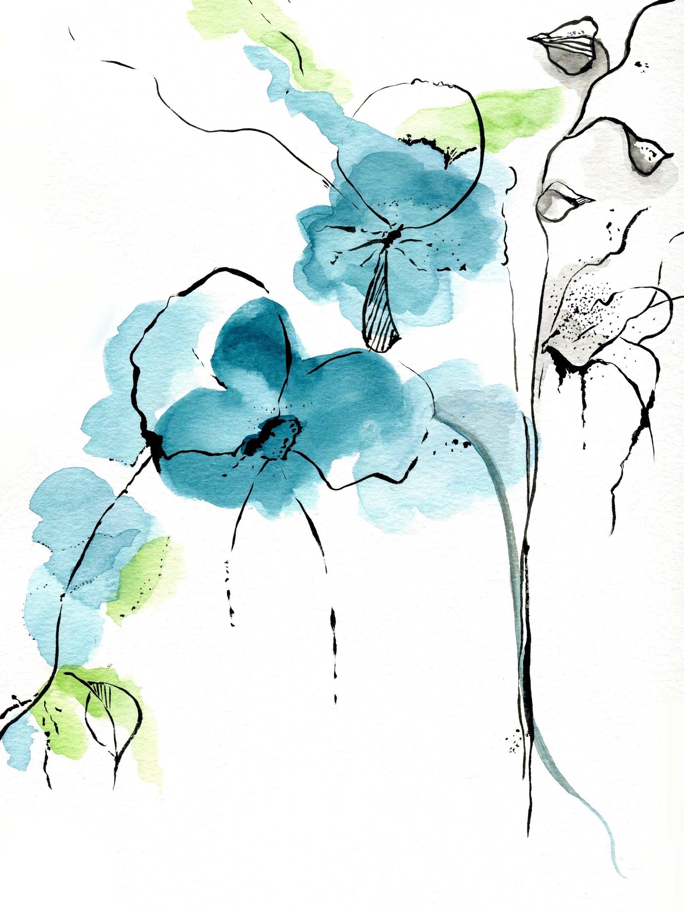 Original Teal Flower Watercolor Painting, Printable Wall Art, Wall