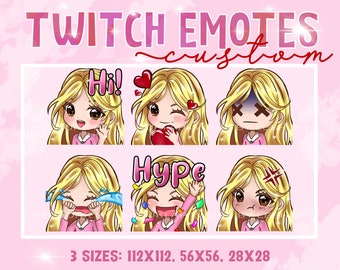 Twitch emotes, blond hair girl, brown eyes, whatsapp emoticons, manga emotes, anime twitch emotes, discord emotes, whatsapp emote, custom