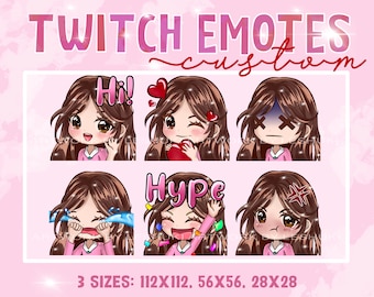 Twitch emotes, brown hair girl, brown eyes, whatsapp emoticons, manga emotes, anime twitch emotes, discord emotes, whatsapp emote, custom