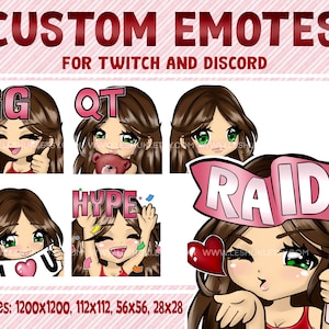 Emotikony Twitch, dziewczyna o brązowych włosach, zielone oczy, dziewczyna o brązowych włosach, emotikony WhatsApp, emotikony mangi, emotikony anime, emotikony Discord, niestandardowe emotikony