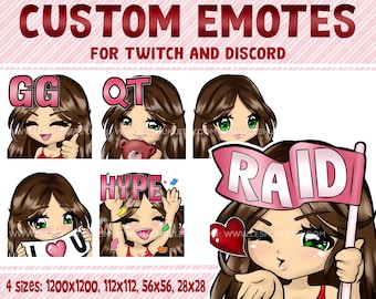 Twitch emotes, brown hair girl, green eyes, brunette girl, whatsapp emoticons, manga emotes, anime emotes, discord emotes, custom emotes