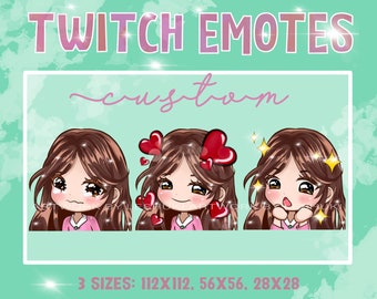 Twitch emotes, brown hair girl, brown eyes, whatsapp emoticons, manga emotes, anime twitch emotes, discord emotes, whatsapp emote, custom