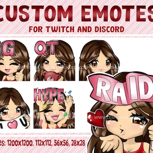 Emoticones de Twitch, chica de cabello castaño, ojos castaños, chica morena, emoticones de WhatsApp, emotes de manga, emotes de anime, emotes de Discord, emotes personalizados