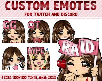 Twitch emotes, brown hair girl, brown eyes, brunette girl, whatsapp emoticons, manga emotes, anime emotes, discord emotes, custom emotes